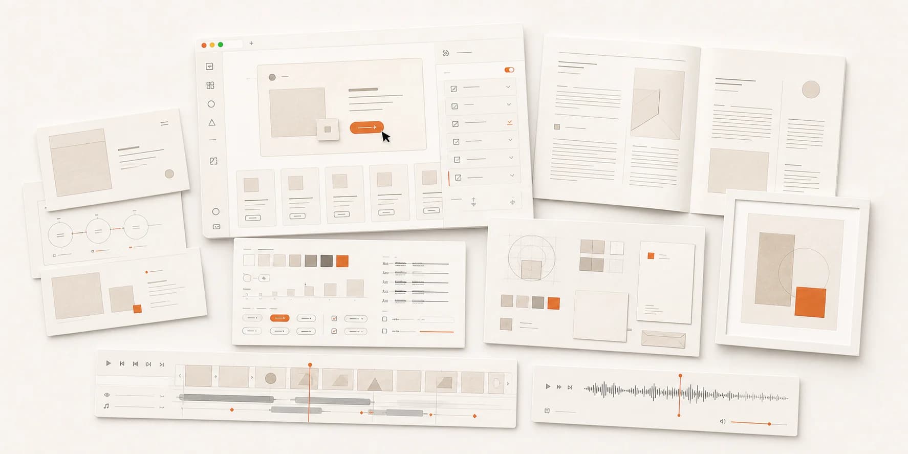 A studio spread representing prototypes, decks, documents, design systems, brands, images, video, and audio