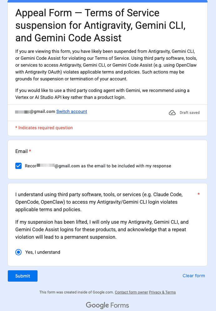 Google appeal form