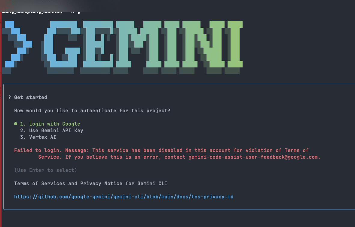 Gemini CLI ToS violation error