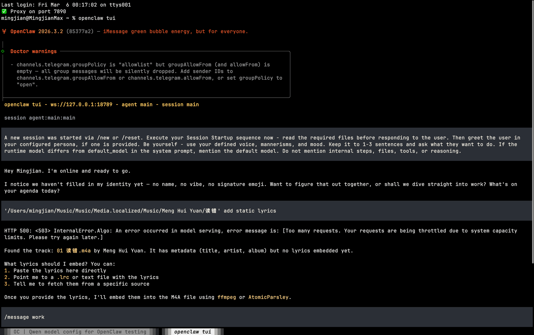OpenClaw stuck asking how to provide lyrics