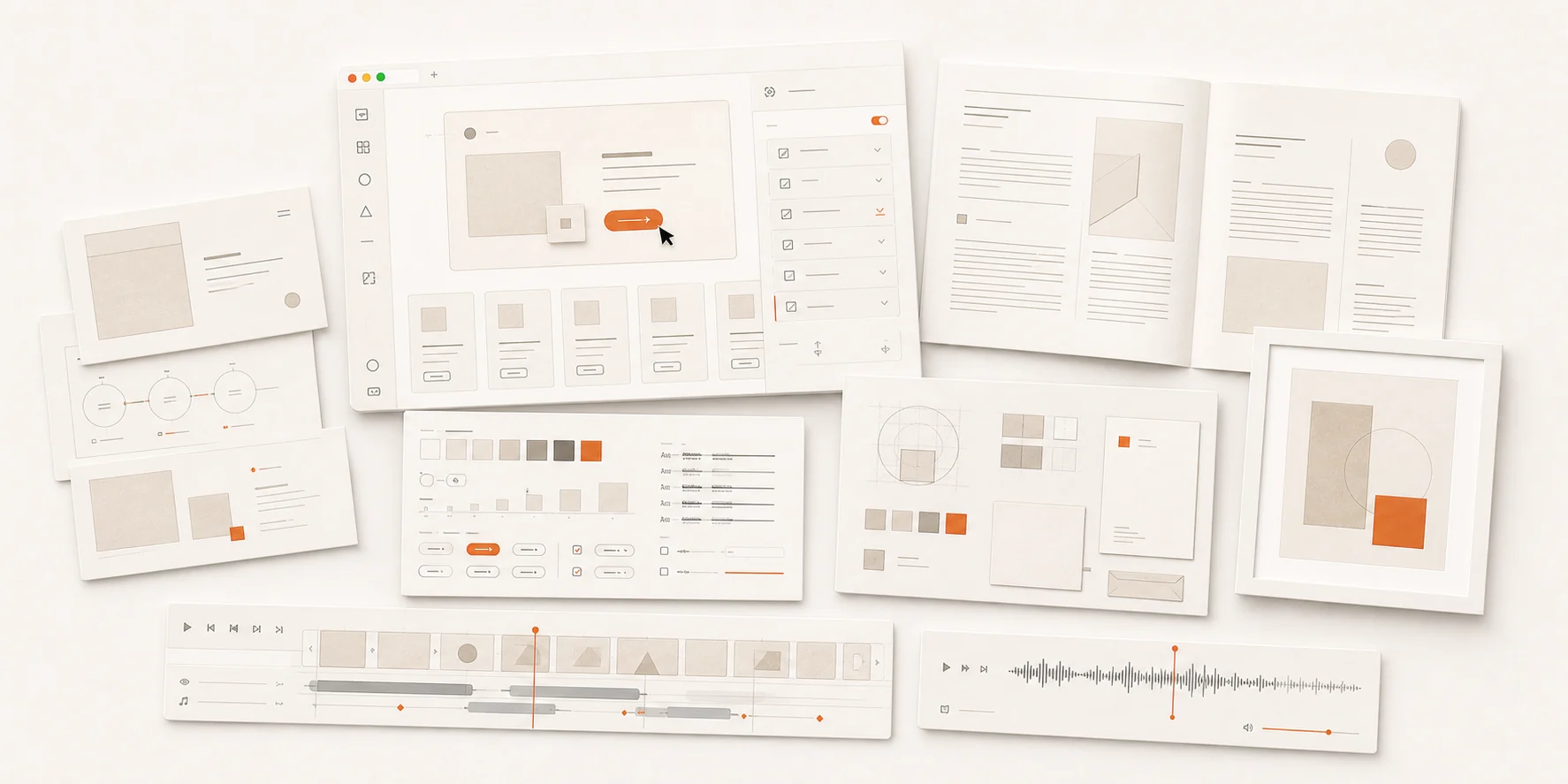 A studio spread representing prototypes, decks, documents, design systems, brands, images, video, and audio